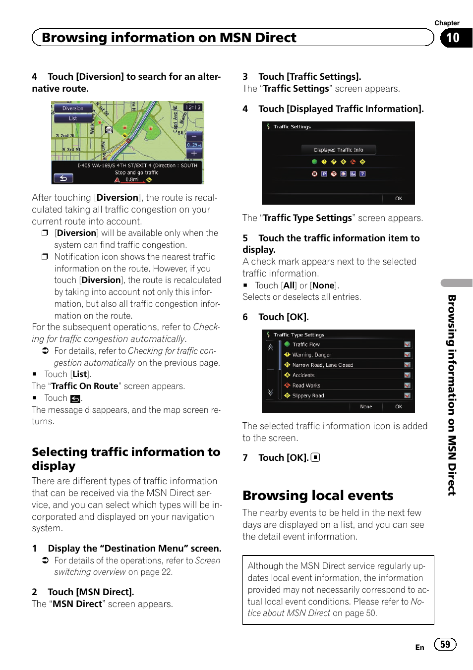 Selecting traffic information to, Display, Browsing local events | Selecting traffic informa, Select, Browsing information on msn direct, Selecting traffic information to display | Pioneer AVIC-Z120BT User Manual | Page 59 / 228