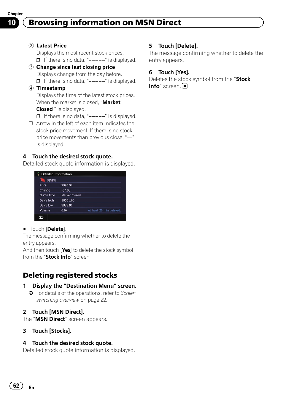 Deleting registered stocks 62, 10 browsing information on msn direct, Deleting registered stocks | Pioneer AVIC-Z120BT User Manual | Page 62 / 228