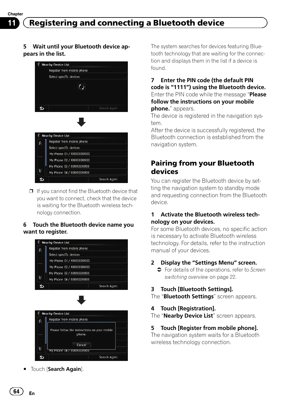Pairing from your bluetooth, Devices, 11 registering and connecting a bluetooth device | Pairing from your bluetooth devices | Pioneer AVIC-Z120BT User Manual | Page 64 / 228