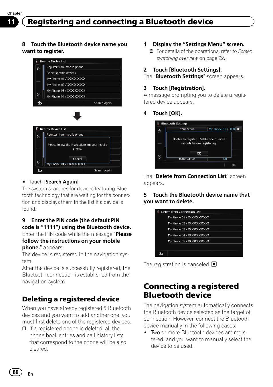 Deleting a registered device 66, Connecting a registered bluetooth, Device | Deleting a registered, Connecting a registered bluetooth device, 11 registering and connecting a bluetooth device, Deleting a registered device | Pioneer AVIC-Z120BT User Manual | Page 66 / 228