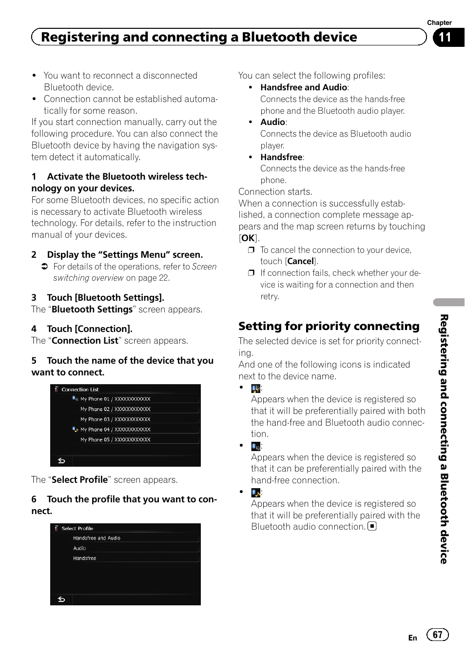 Setting for priority connecting 67, Registering and connecting a bluetooth device, Setting for priority connecting | Pioneer AVIC-Z120BT User Manual | Page 67 / 228