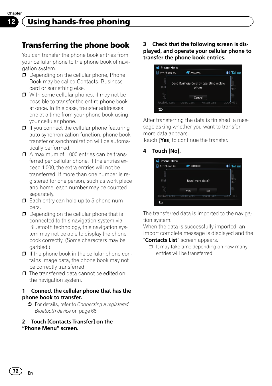Transferring the phone book, Transferring the phone, 12 using hands-free phoning | Pioneer AVIC-Z120BT User Manual | Page 72 / 228