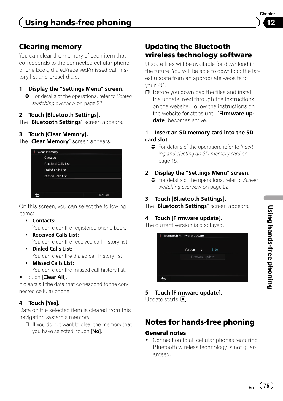 Clearing memory 75, Updating the bluetooth wireless, Technology software | Notes for hands-free phoning, Notes for hands-free, Using hands-free phoning | Pioneer AVIC-Z120BT User Manual | Page 75 / 228