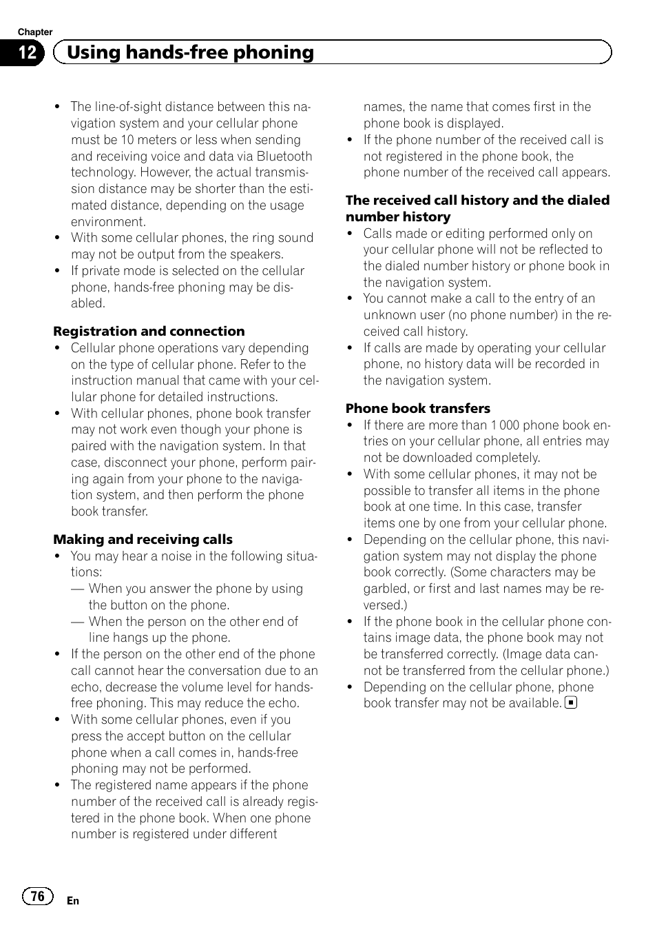 12 using hands-free phoning | Pioneer AVIC-Z120BT User Manual | Page 76 / 228