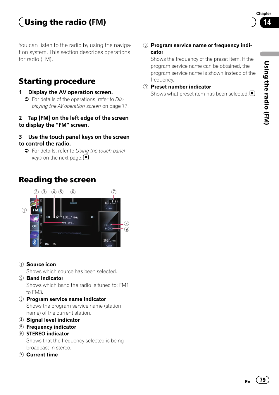 Using the radio (fm) starting procedure, Reading the screen, Starting procedure | Using the radio (fm) | Pioneer AVIC-Z120BT User Manual | Page 79 / 228