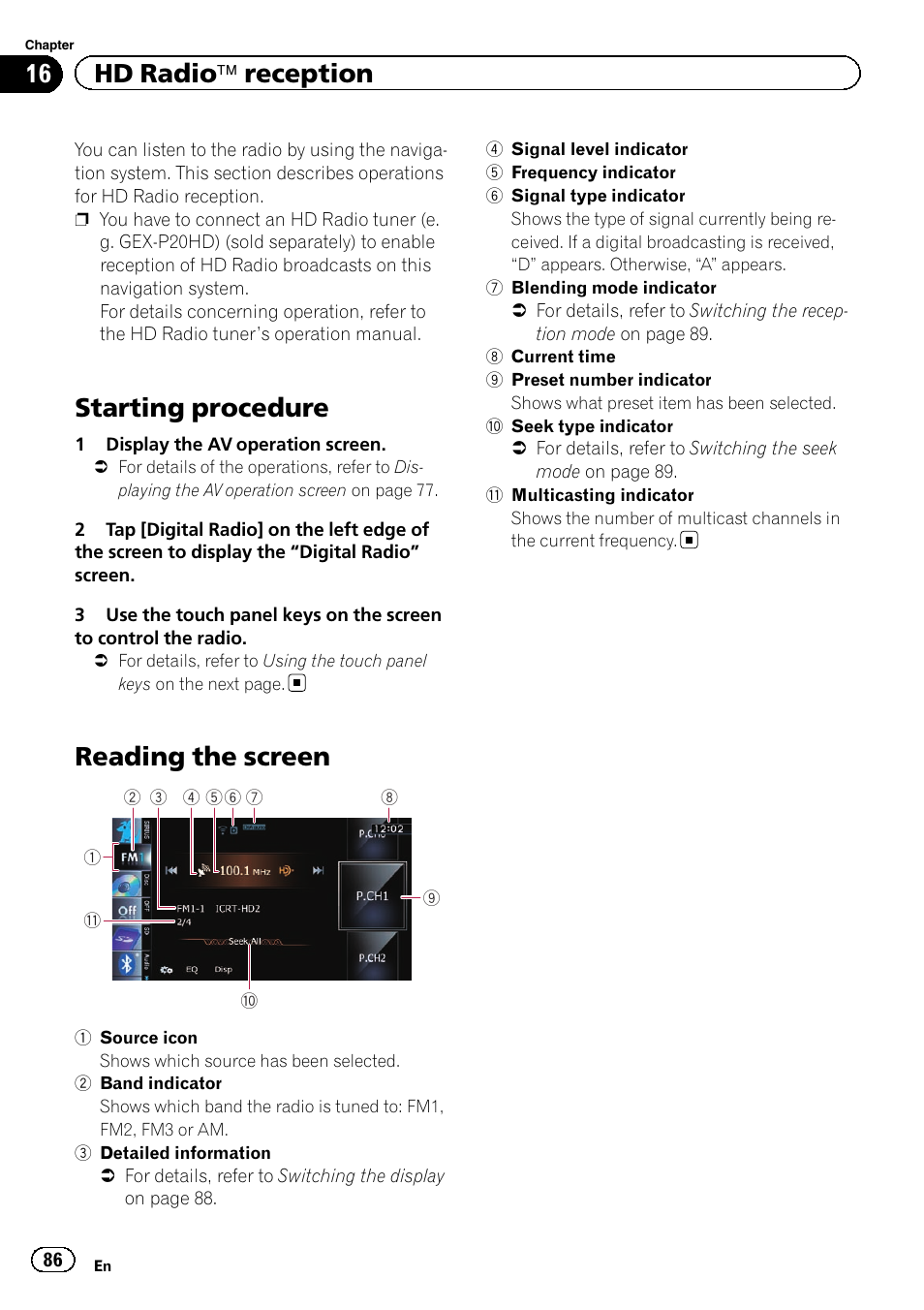 Hd radio, Ä reception, Starting procedure | Reading the screen, 16 hd radio ä reception | Pioneer AVIC-Z120BT User Manual | Page 86 / 228