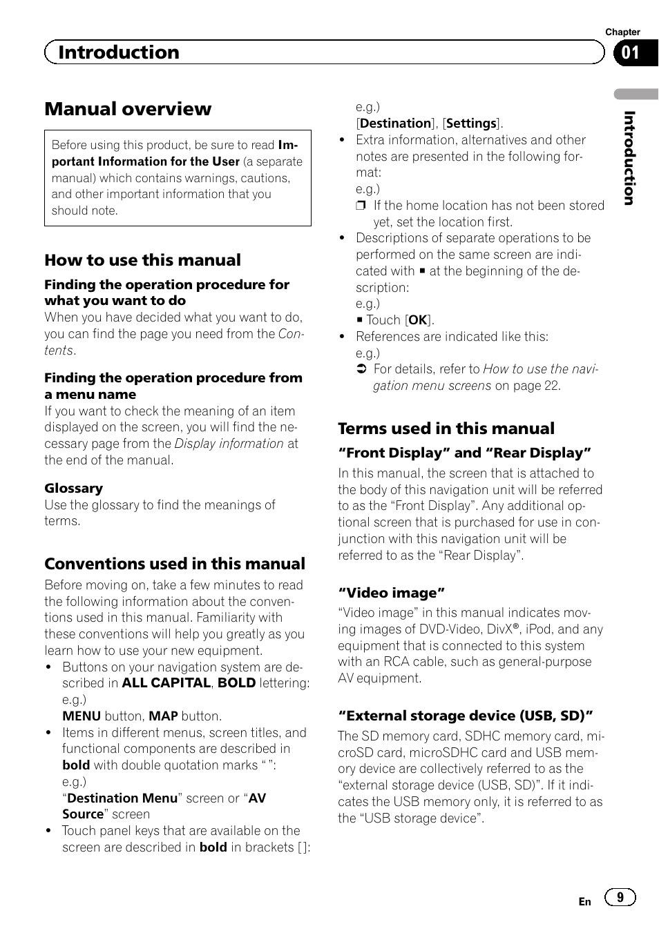 Introduction manual overview, How to use this manual 9, Conventions used in this manual 9 | Terms used in this manual 9, Manual overview, Introduction, How to use this manual, Conventions used in this manual, Terms used in this manual | Pioneer AVIC-Z120BT User Manual | Page 9 / 228