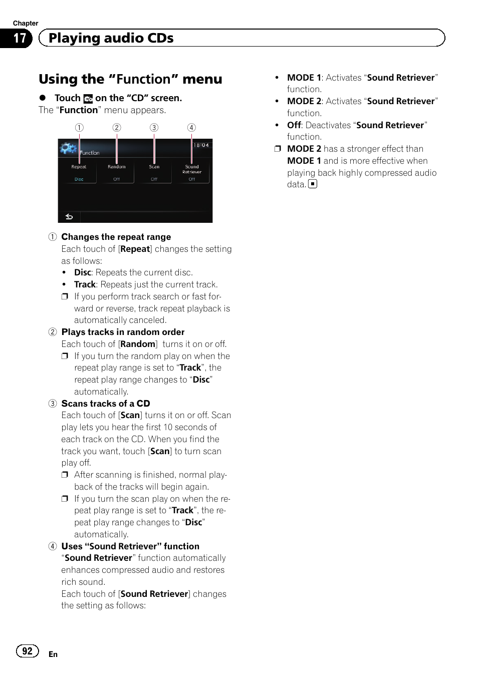 Using the, Function” menu 92, Changes the repeat | Using the “function” menu, 17 playing audio cds | Pioneer AVIC-Z120BT User Manual | Page 92 / 228