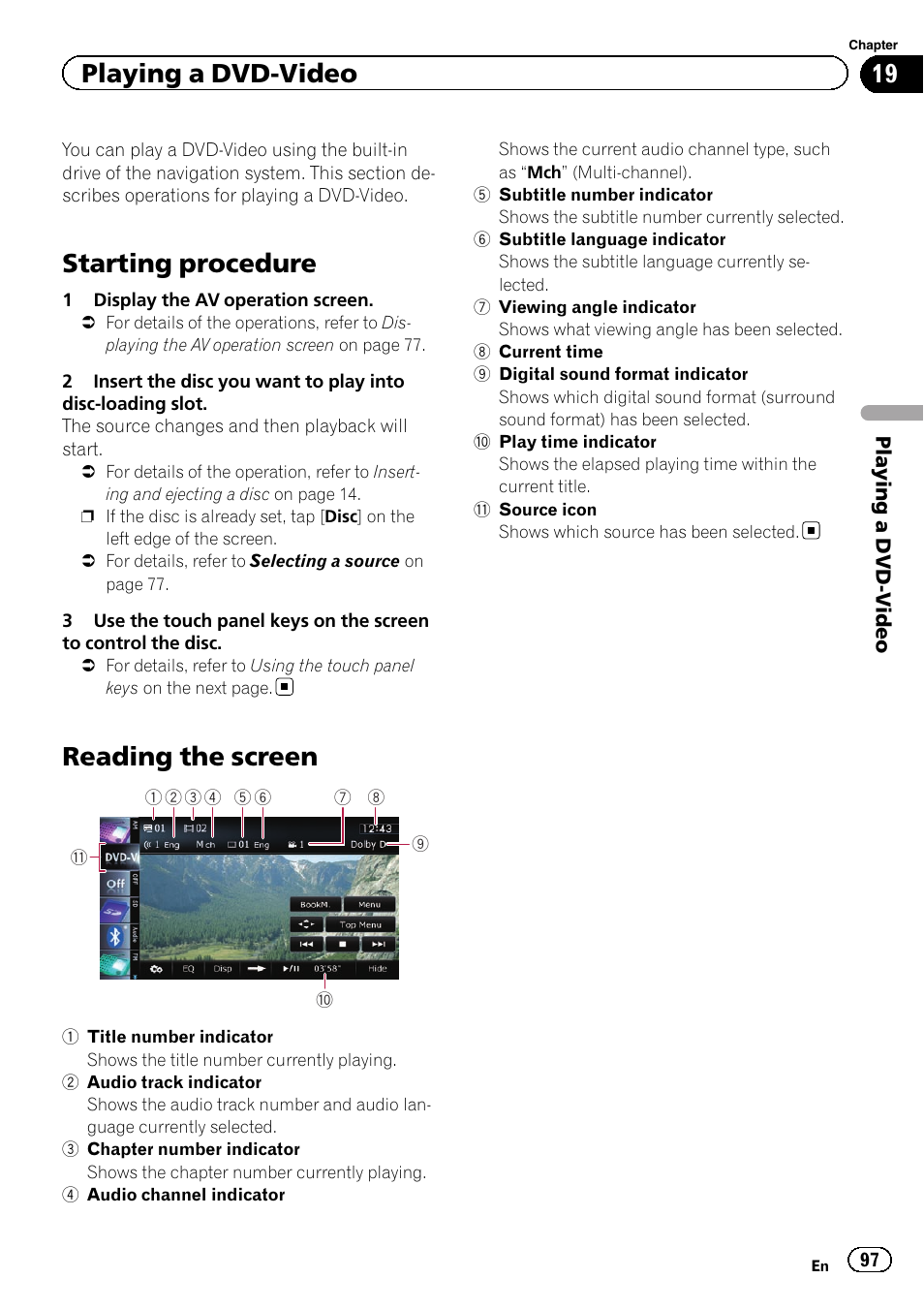 Playing a dvd-video starting procedure, Reading the screen, Starting procedure | Playing a dvd-video | Pioneer AVIC-Z120BT User Manual | Page 97 / 228