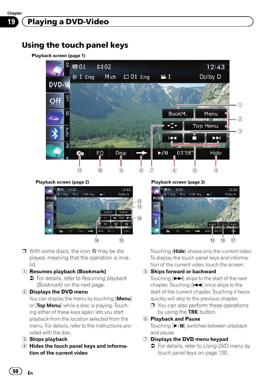 Using the touch panel keys, Using the touch panel, 19 playing a dvd-video | Pioneer AVIC-Z120BT User Manual | Page 98 / 228