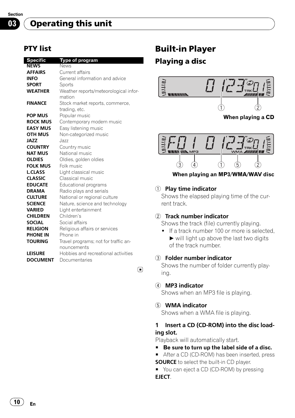 Pty list 10, Built-in player 10, Playing a disc 10 | Built-in player, Operating this unit, Pty list, Playing a disc | Pioneer DEH-2800MPB User Manual | Page 10 / 61