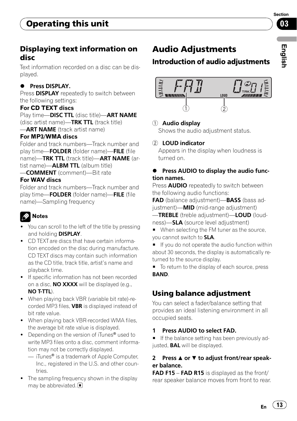 Displaying text information on, Disc 13, Audio adjustments 13 | Introduction of audio, Adjustments 13, Using balance adjustment 13, Audio adjustments, Operating this unit, Displaying text information on disc, Introduction of audio adjustments | Pioneer DEH-2800MPB User Manual | Page 13 / 61