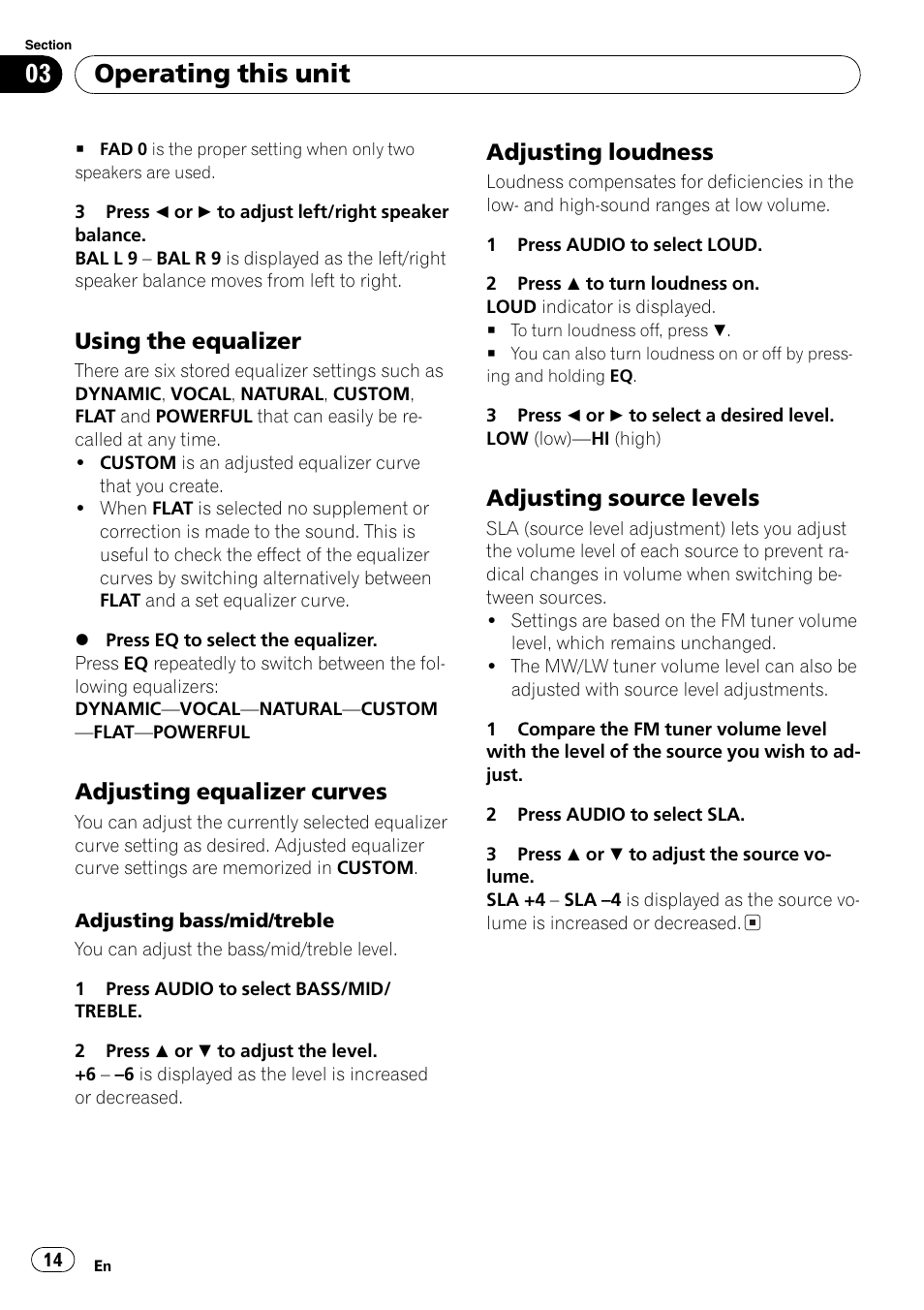 Using the equalizer 14, Adjusting equalizer curves 14, Adjusting loudness 14 | Adjusting source levels 14, Operating this unit, Using the equalizer, Adjusting equalizer curves, Adjusting loudness, Adjusting source levels | Pioneer DEH-2800MPB User Manual | Page 14 / 61