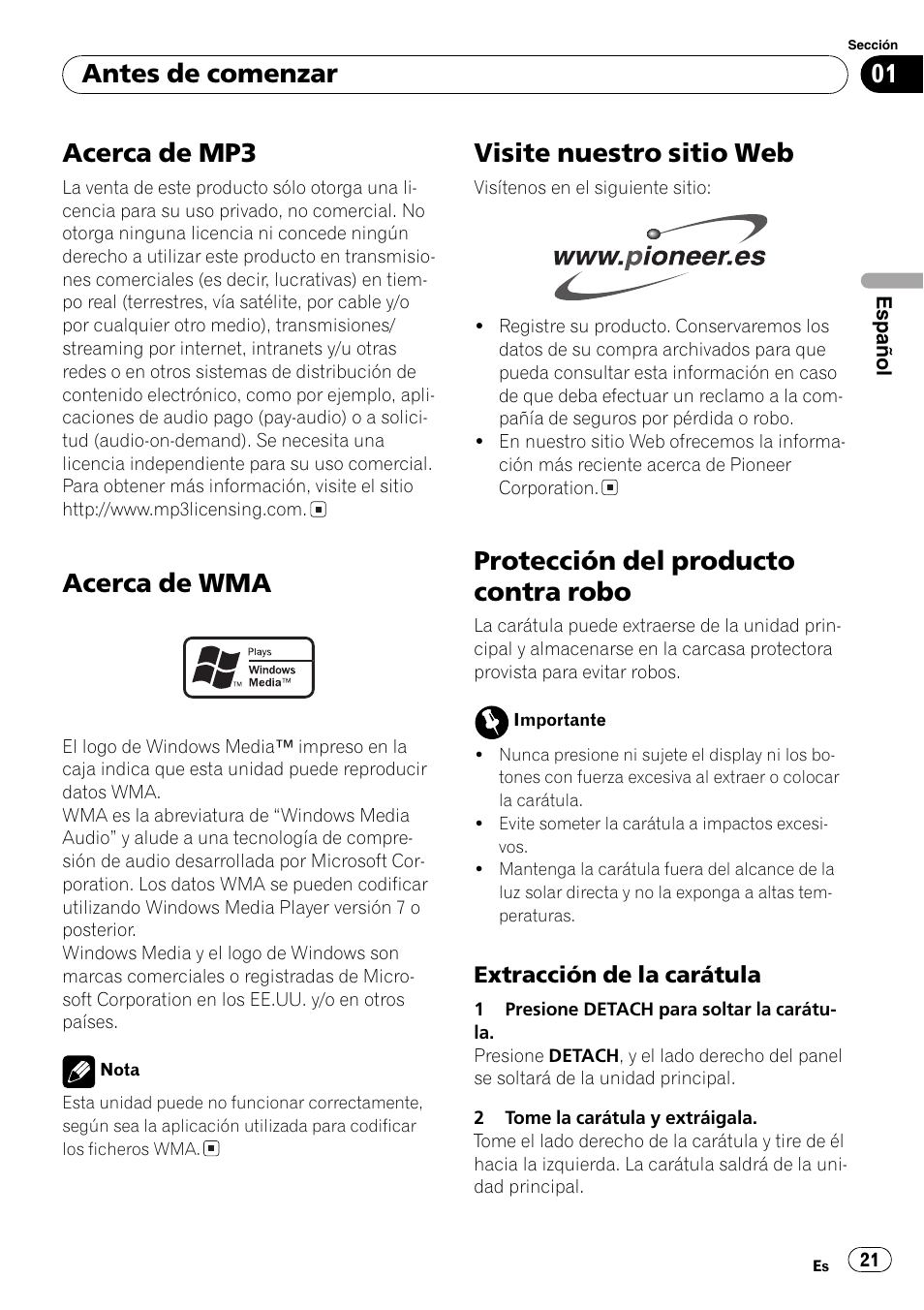 Acerca de mp3 21, Acerca de wma 21, Visite nuestro sitio web 21 | Protección del producto contra robo 21, Extracción de la carátula 21, Acerca de mp3, Acerca de wma, Visite nuestro sitio web, Protección del producto contra robo, Antes de comenzar | Pioneer DEH-2800MPB User Manual | Page 21 / 61