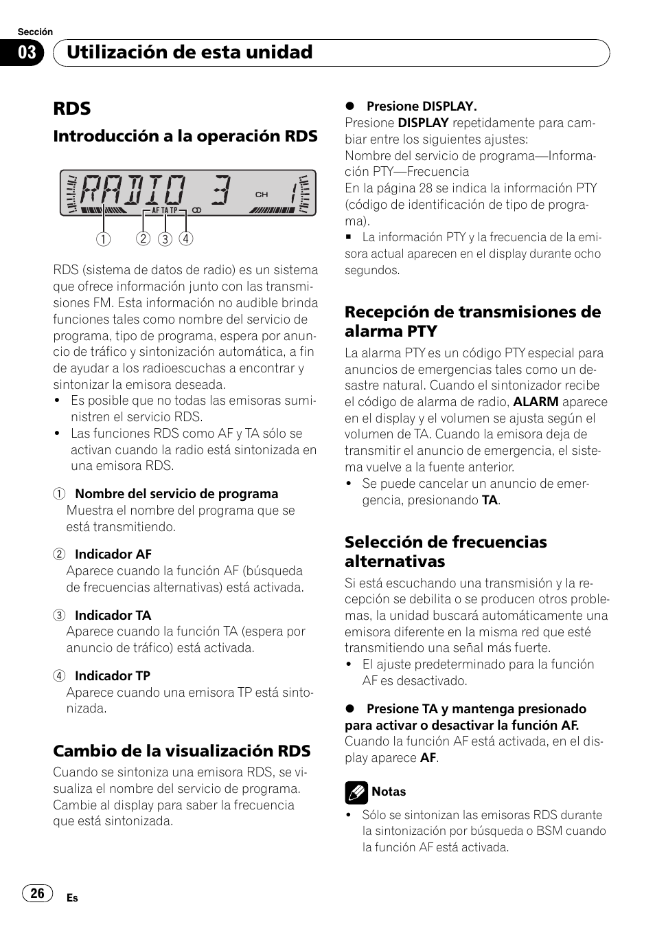Rds 26, Introducción a la operación rds 26, Cambio de la visualización rds 26 | Recepción de transmisiones de, Alarma pty 26, Selección de frecuencias, Alternativas 26, Utilización de esta unidad, Introducción a la operación rds, Cambio de la visualización rds | Pioneer DEH-2800MPB User Manual | Page 26 / 61