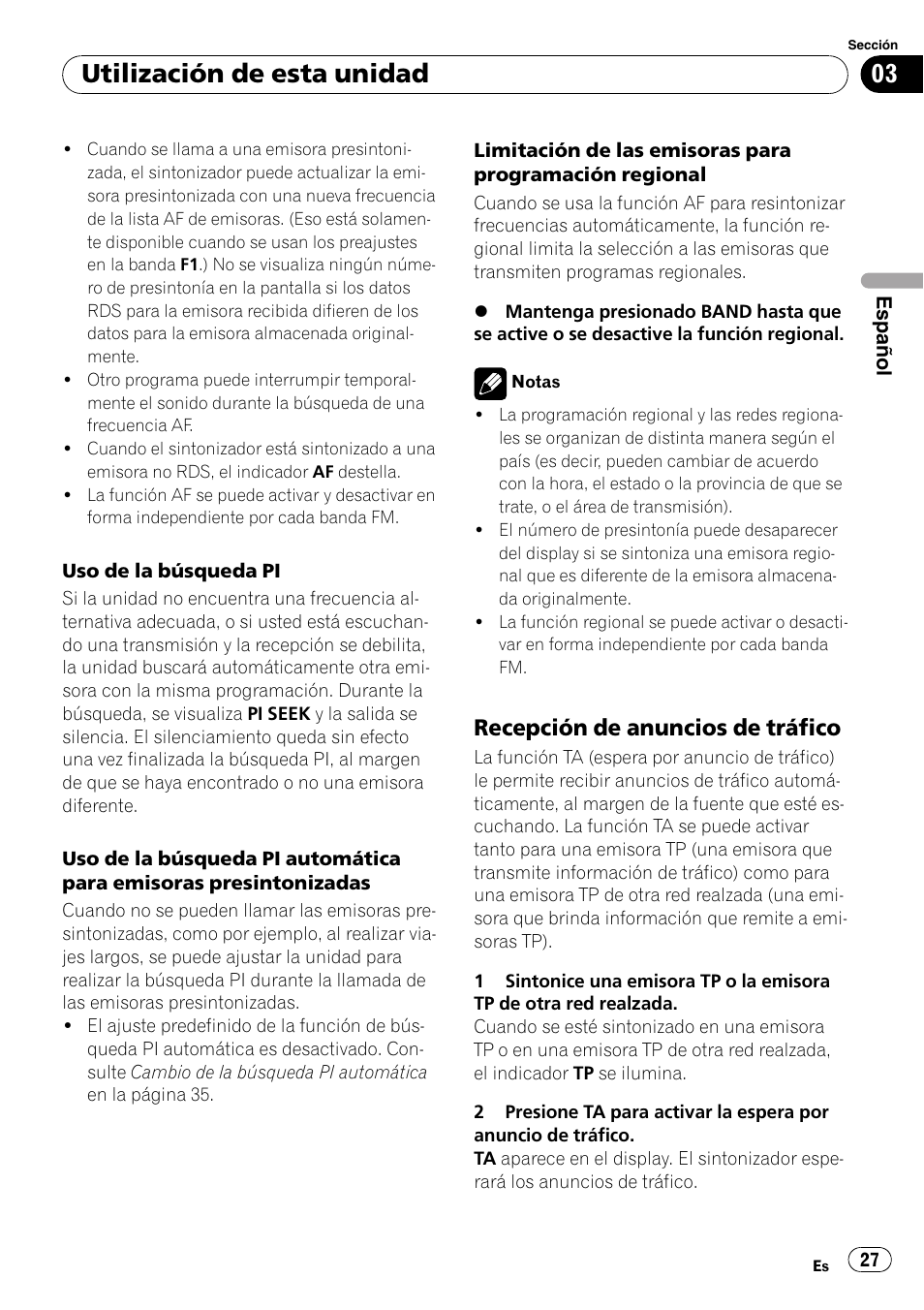 Recepción de anuncios de tráfico 27, Utilización de esta unidad, Recepción de anuncios de tráfico | Pioneer DEH-2800MPB User Manual | Page 27 / 61