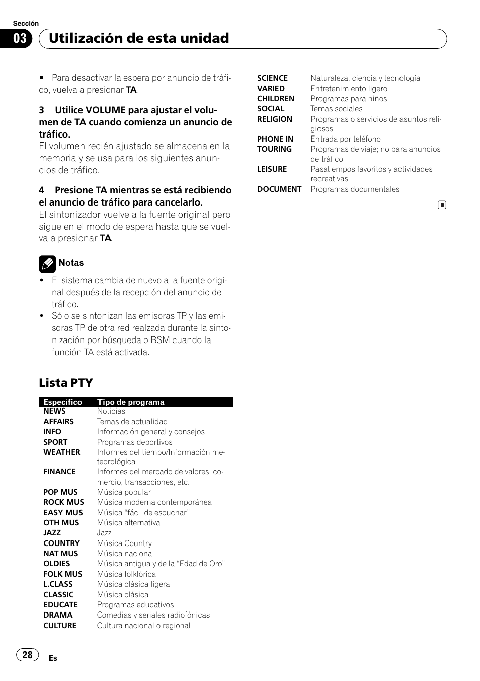 Lista pty 28, Utilización de esta unidad, Lista pty | Pioneer DEH-2800MPB User Manual | Page 28 / 61