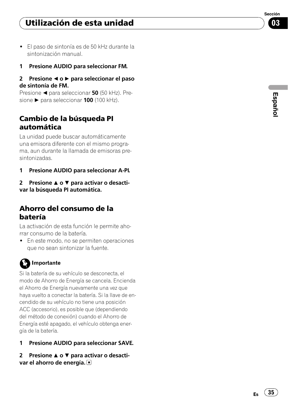 Cambio de la búsqueda pi, Automática 35, Ahorro del consumo de la batería 35 | Utilización de esta unidad | Pioneer DEH-2800MPB User Manual | Page 35 / 61