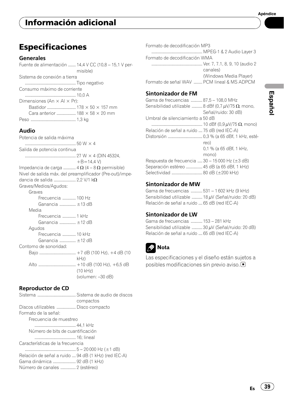 Especificaciones 39, Especificaciones, Información adicional | Español | Pioneer DEH-2800MPB User Manual | Page 39 / 61