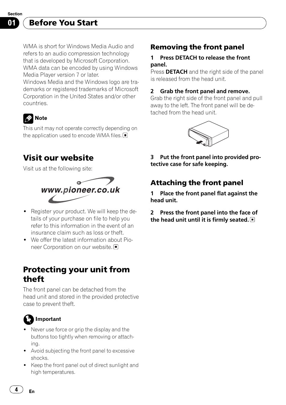 Removing the front panel 4, Attaching the front panel 4, Visit our website | Protecting your unit from theft, Before you start | Pioneer DEH-2800MPB User Manual | Page 4 / 61