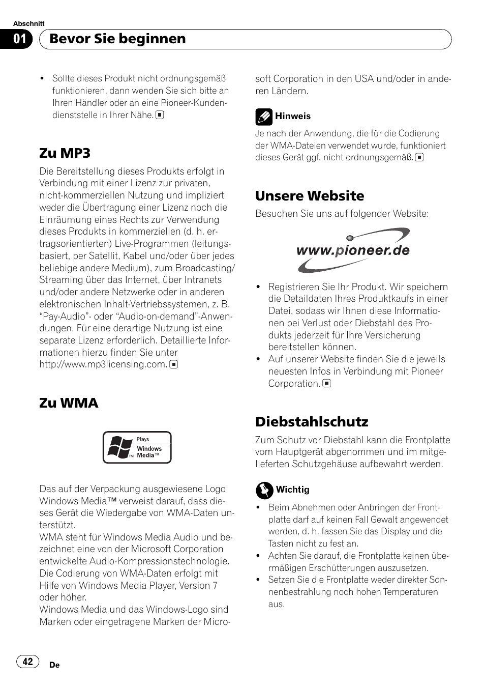 Zu mp3 42, Zu wma 42, Unsere website 42 | Diebstahlschutz 42, Zu mp3, Zu wma, Unsere website, Diebstahlschutz, Bevor sie beginnen | Pioneer DEH-2800MPB User Manual | Page 42 / 61