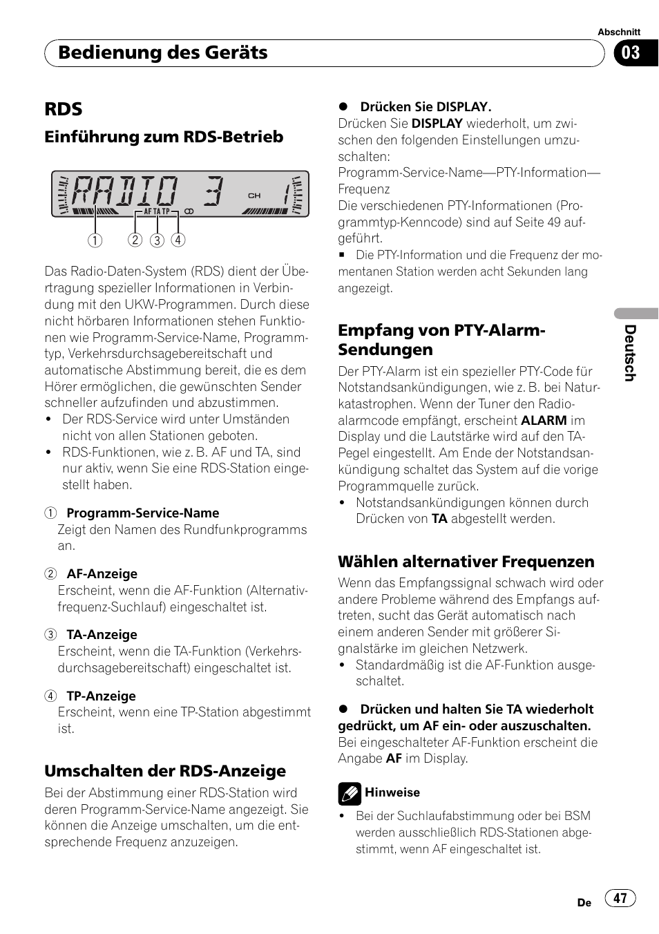 Rds 47, Einführung zum rds-betrieb 47, Umschalten der rds-anzeige 47 | Empfang von pty-alarm, Sendungen 47, Wählen alternativer frequenzen 47, Bedienung des geräts, Einführung zum rds-betrieb, Umschalten der rds-anzeige, Empfang von pty-alarm- sendungen | Pioneer DEH-2800MPB User Manual | Page 47 / 61