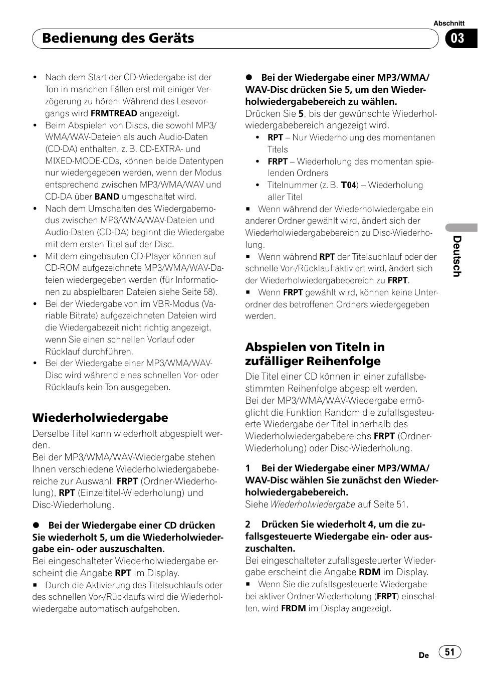 Wiederholwiedergabe 51, Abspielen von titeln in zufälliger, Reihenfolge 51 | Bedienung des geräts, Wiederholwiedergabe, Abspielen von titeln in zufälliger reihenfolge | Pioneer DEH-2800MPB User Manual | Page 51 / 61