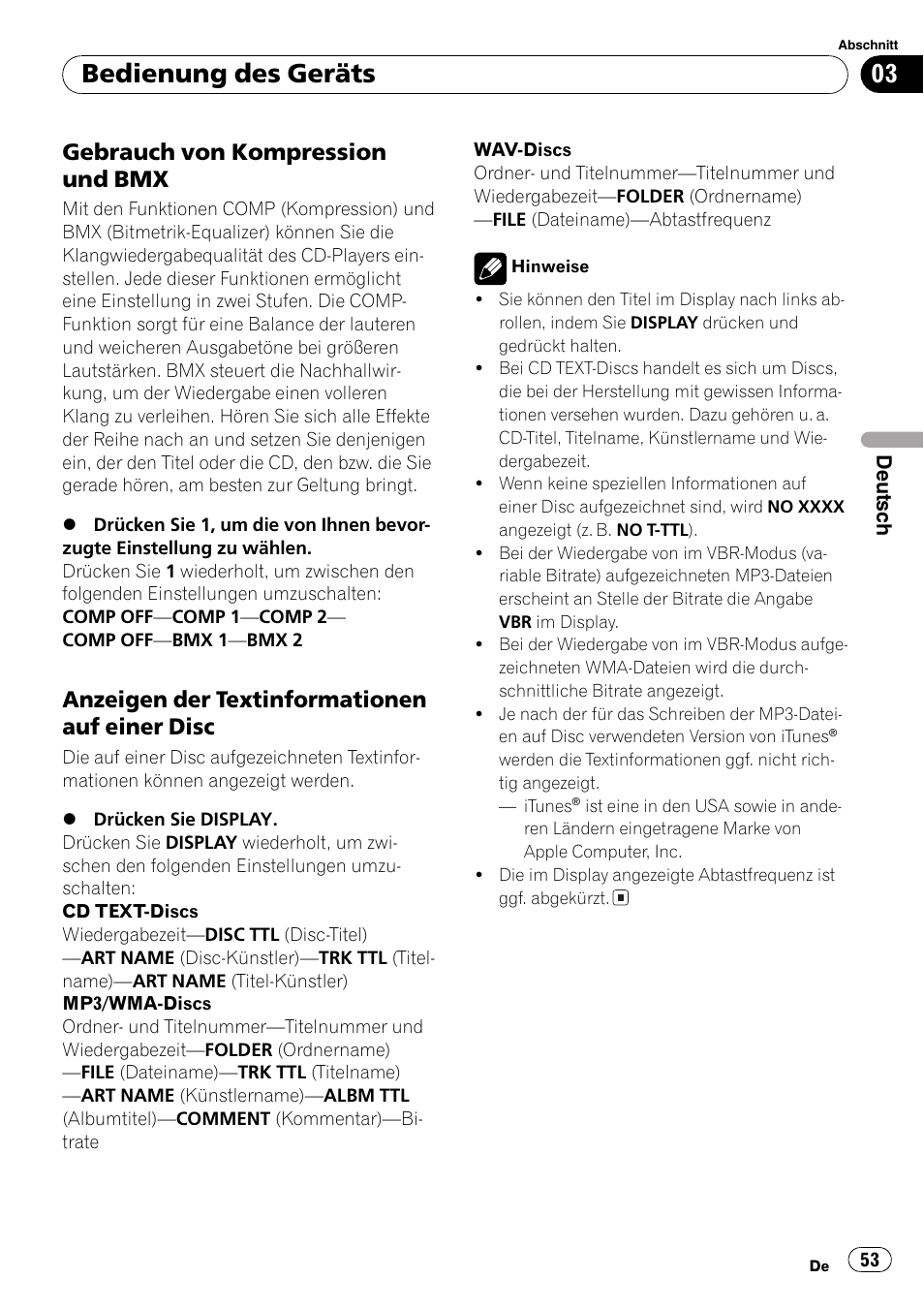 Gebrauch von kompression und, Bmx 53, Anzeigen der textinformationen auf | Einer disc 53, Bedienung des geräts, Gebrauch von kompression und bmx, Anzeigen der textinformationen auf einer disc | Pioneer DEH-2800MPB User Manual | Page 53 / 61