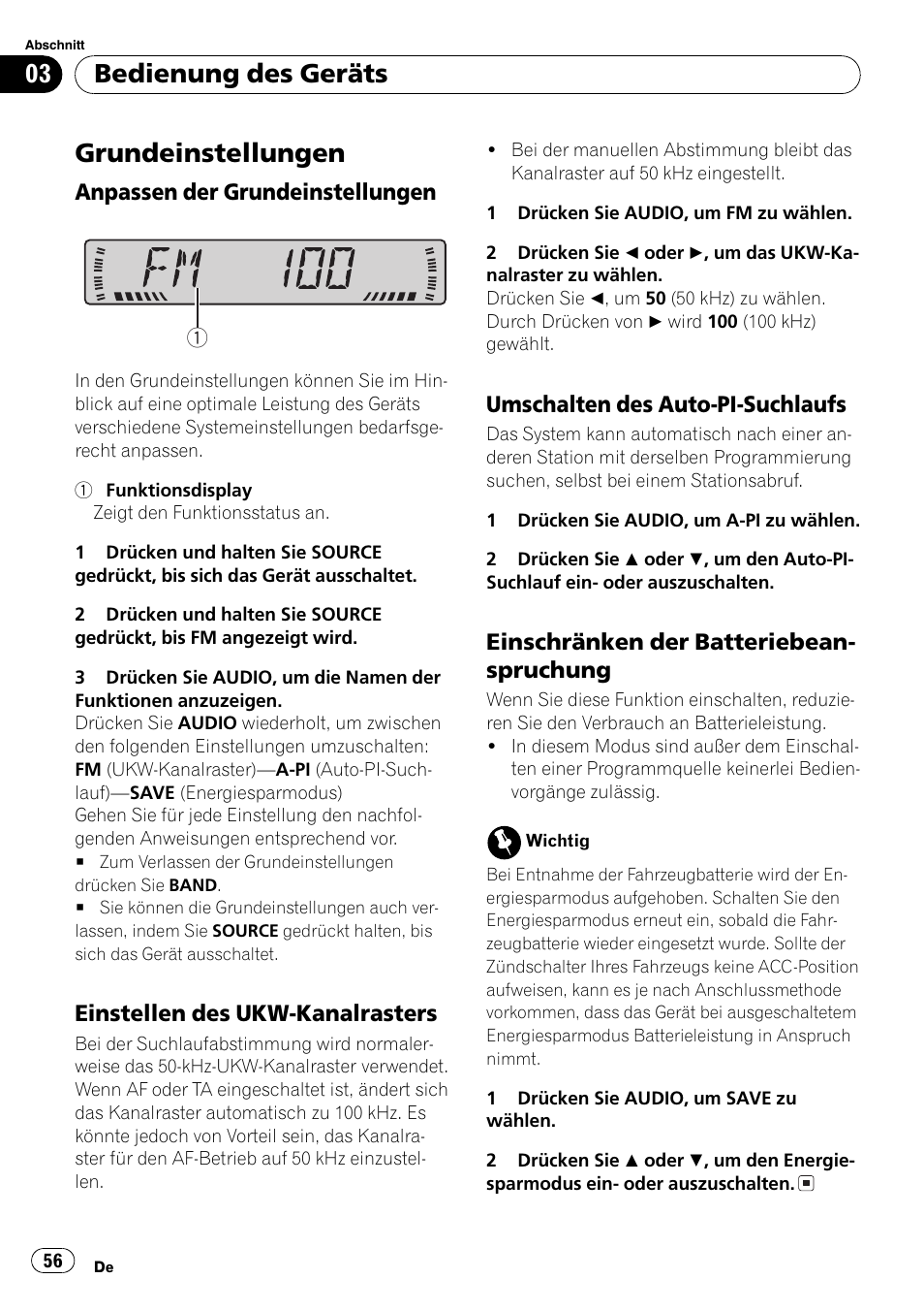 Grundeinstellungen 56, Anpassen der, Einstellen des ukw-kanalrasters 56 | Umschalten des auto-pi, Suchlaufs 56, Einschränken der, Batteriebeanspruchung 56, Grundeinstellungen, Bedienung des geräts | Pioneer DEH-2800MPB User Manual | Page 56 / 61