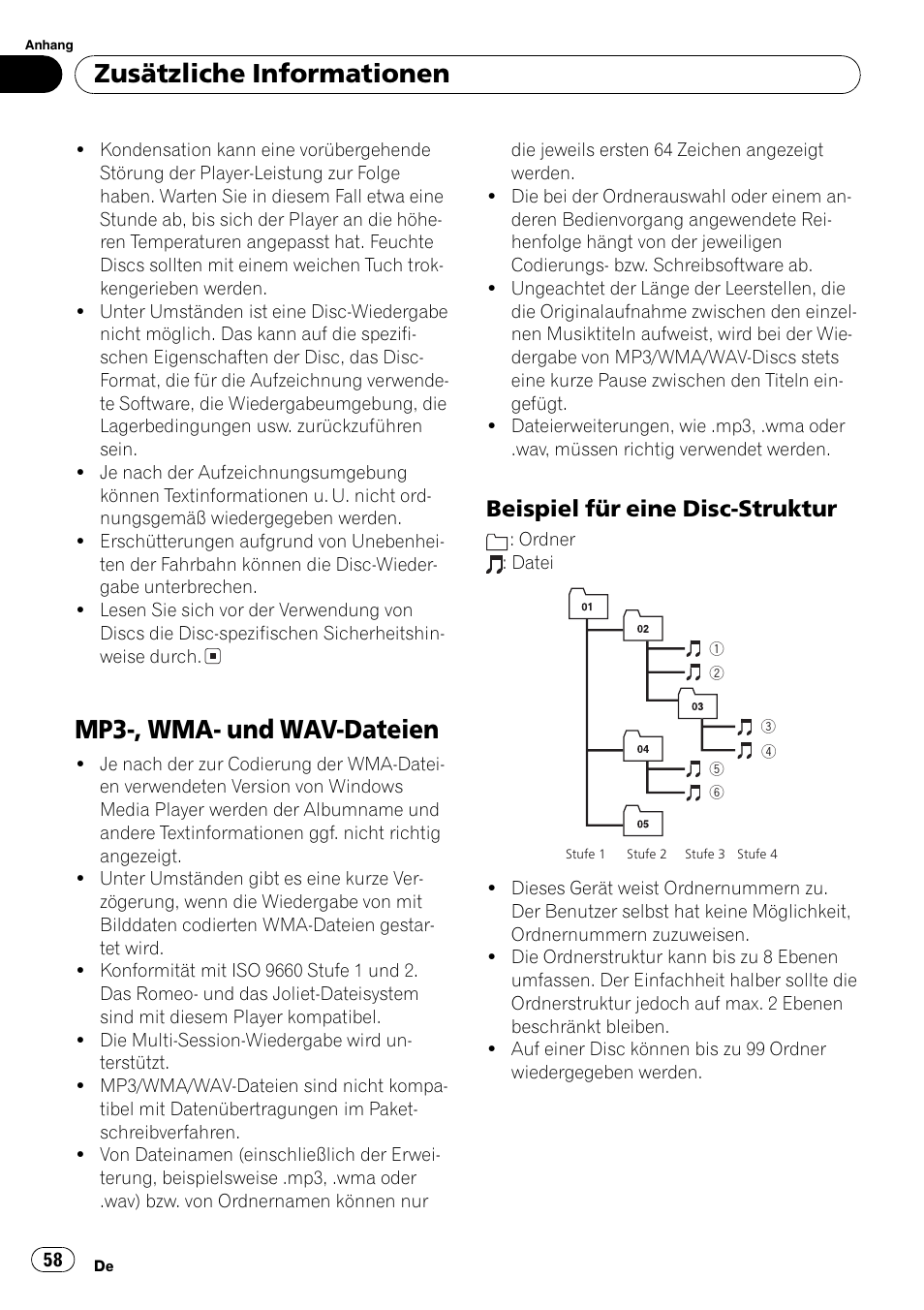 Mp3-, wma- und wav-dateien 58, Beispiel für eine disc-struktur 58, Mp3-, wma- und wav-dateien | Zusätzliche informationen, Beispiel für eine disc-struktur | Pioneer DEH-2800MPB User Manual | Page 58 / 61