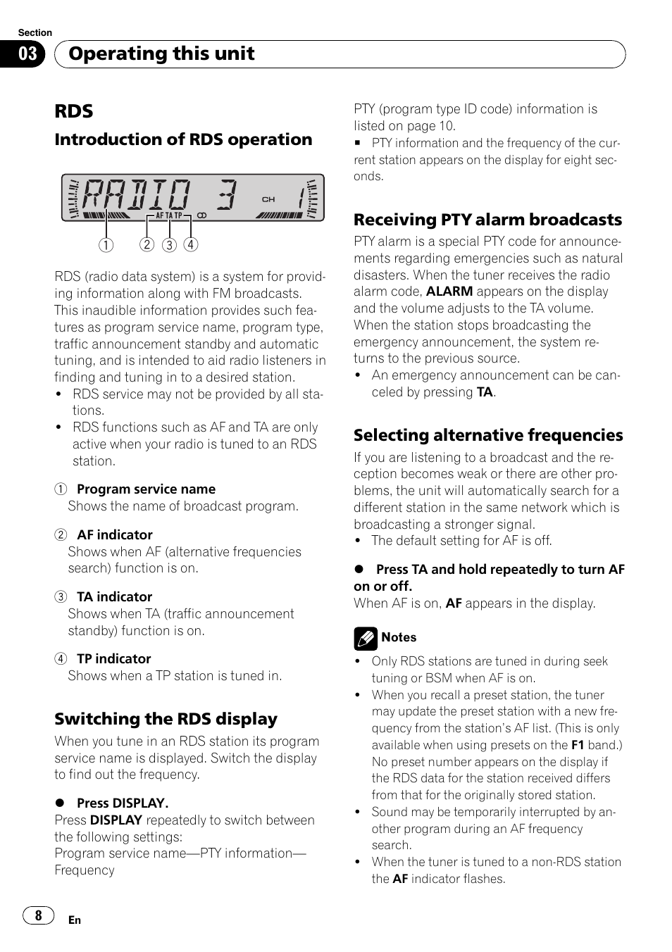 Rds 8, Introduction of rds operation 8, Switching the rds display 8 | Receiving pty alarm broadcasts 8, Selecting alternative frequencies 8, Operating this unit, Introduction of rds operation, Switching the rds display, Receiving pty alarm broadcasts, Selecting alternative frequencies | Pioneer DEH-2800MPB User Manual | Page 8 / 61