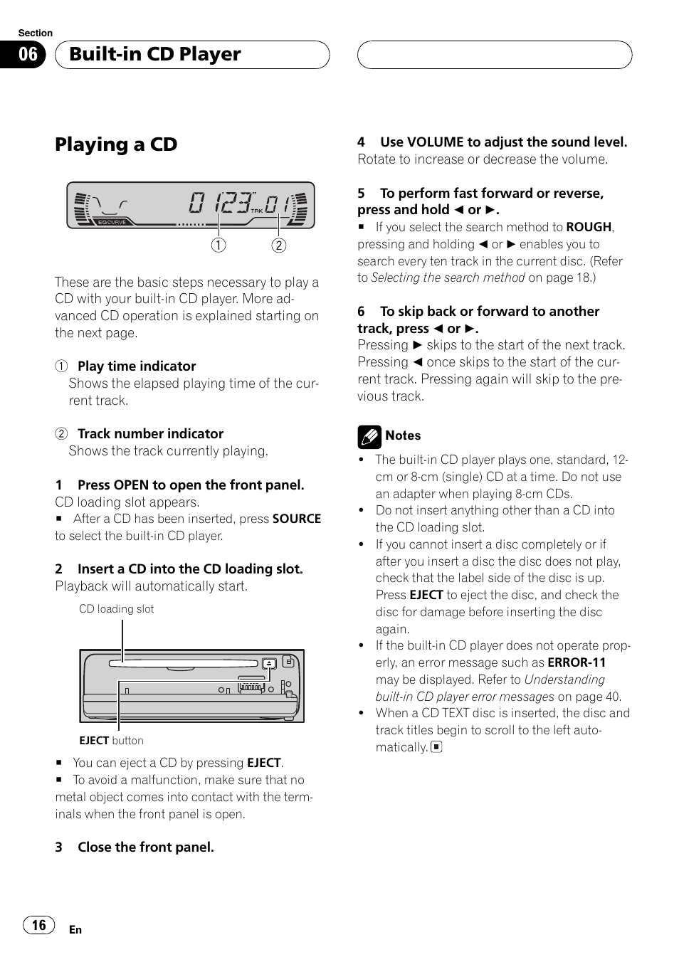 Built-in cd player playing a cd 16, Playinga cd, Built-in cd player | Pioneer DEH-P3600MP User Manual | Page 16 / 96