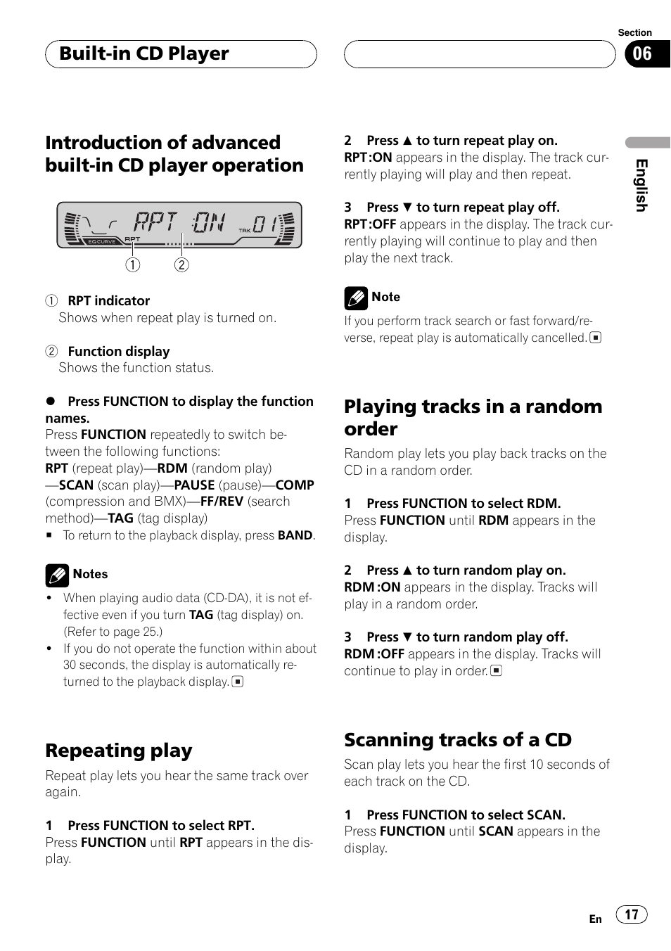 Introduction of advanced built-in cd player, Operation 17, Repeatingplay | Playingtracks in a random order, Scanningtracks of a cd, Built-in cd player | Pioneer DEH-P3600MP User Manual | Page 17 / 96