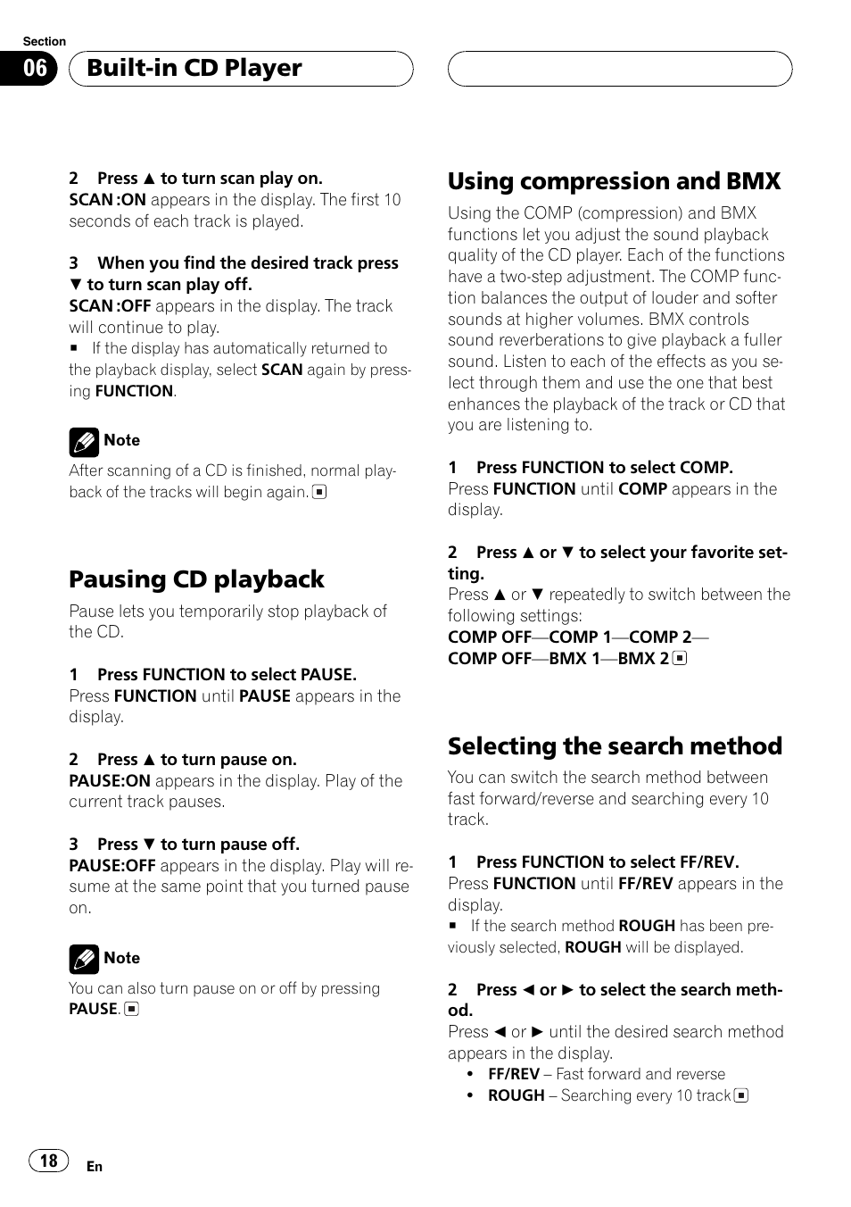 Pausingcd playback, Usingcompression and bmx, Selectingthe search method | Built-in cd player | Pioneer DEH-P3600MP User Manual | Page 18 / 96