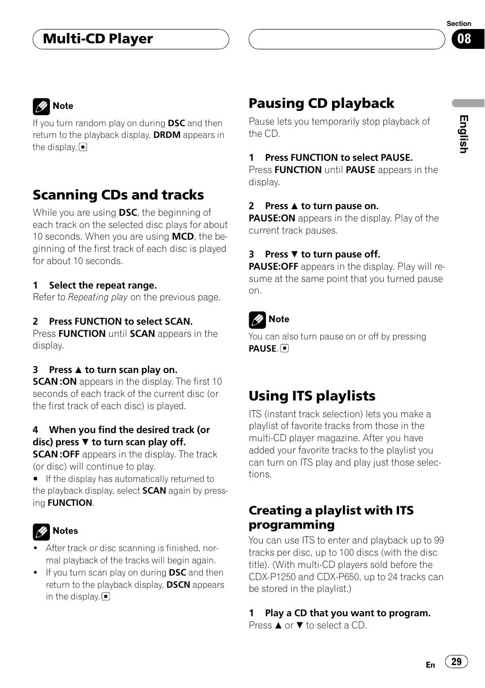Creating a playlist with its, Programming 29, Scanningcds and tracks | Pausingcd playback, Usingits playlists, Multi-cd player, Creatinga playlist with its programming | Pioneer DEH-P3600MP User Manual | Page 29 / 96