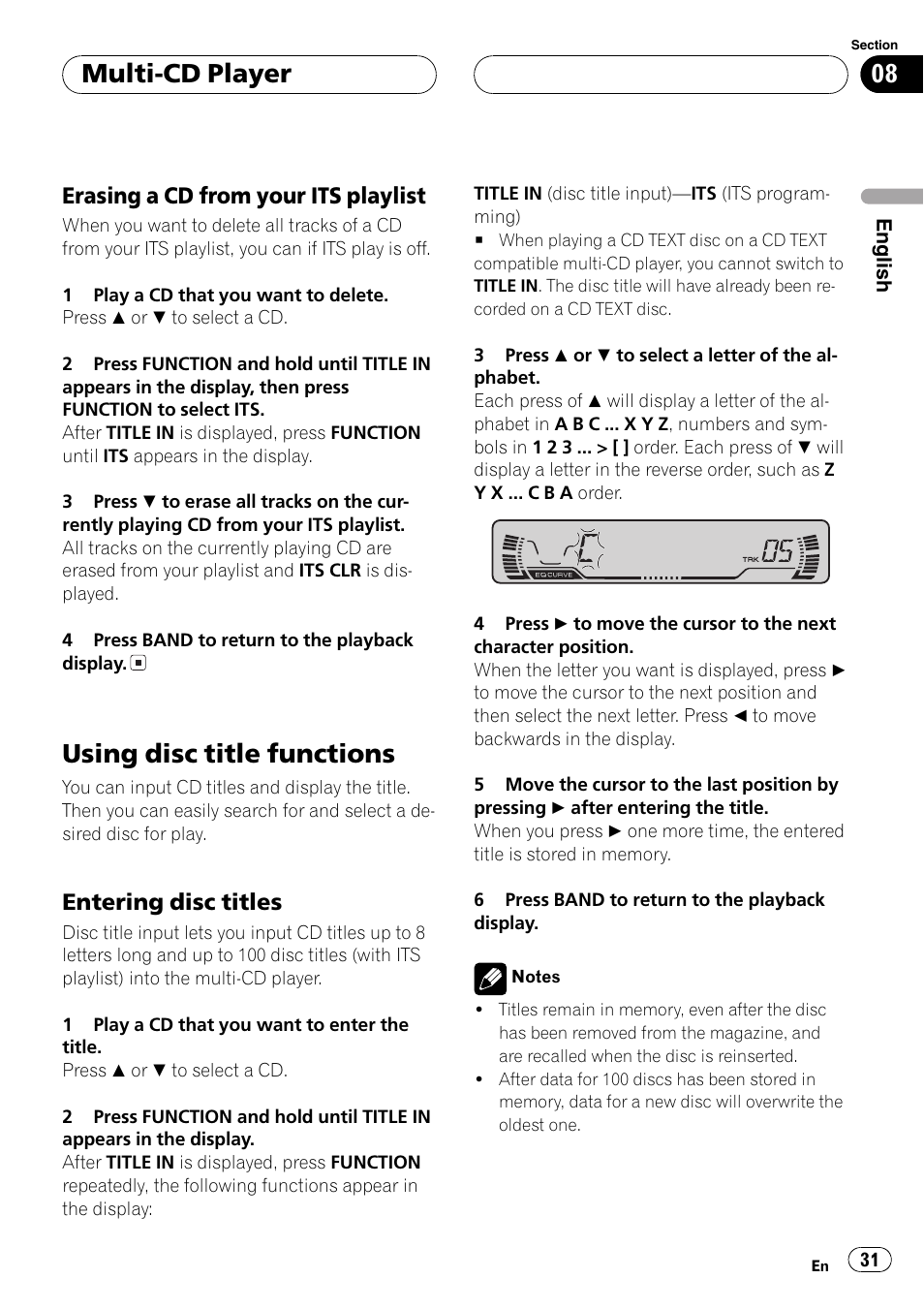 Erasing a cd from your its, Playlist 31, Using disc title functions 31 | Entering disc titles 31, Usingdisc title functions, Multi-cd player, Erasinga cd from your its playlist, Enteringdisc titles | Pioneer DEH-P3600MP User Manual | Page 31 / 96