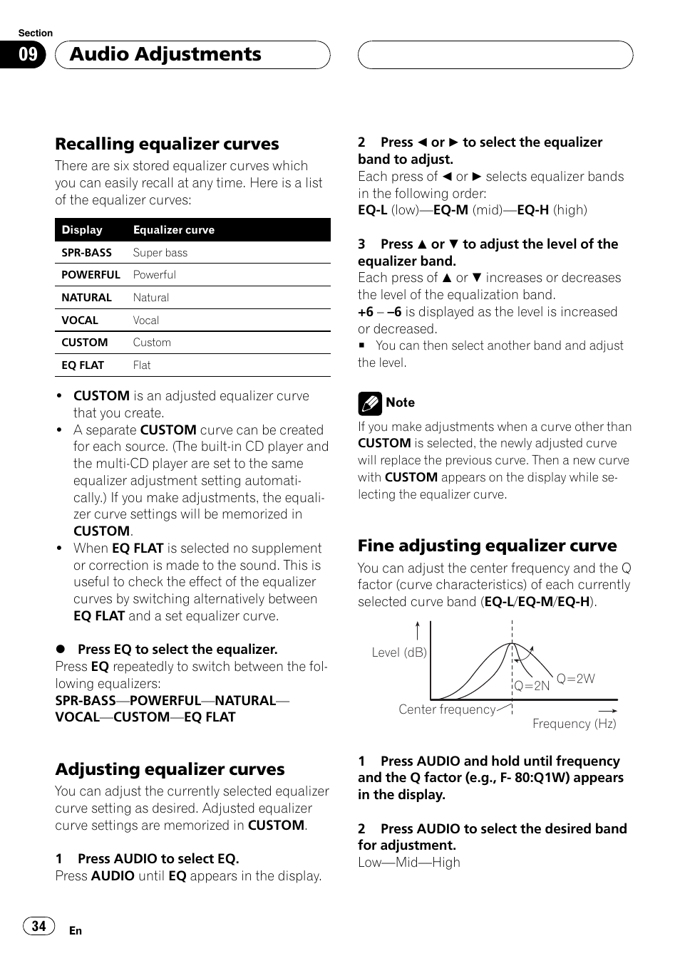 Recalling equalizer curves 34, Adjusting equalizer curves 34, Fine adjusting equalizer curve 34 | Audio adjustments, Recallingequalizer curves, Adjustingequalizer curves, Fine adjustingequalizer curve | Pioneer DEH-P3600MP User Manual | Page 34 / 96
