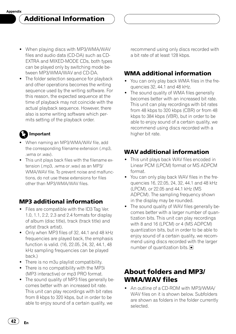 Mp3 additional information 42, Wma additional information 42, Wav additional information 42 | About folders and mp3/wma/wav files 42, About folders and mp3/ wma/wav files, Additional information, Mp3 additional information, Wma additional information, Wav additional information | Pioneer DEH-P3600MP User Manual | Page 42 / 96