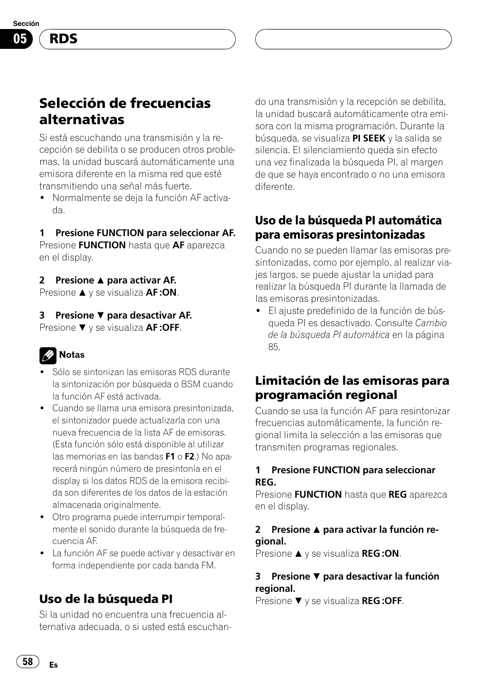 Selección de frecuencias alternativas 58, Uso de la búsqueda pi 58, Uso de la búsqueda pi automática | Para emisoras presintonizadas 58, Limitación de las emisoras para, Programación regional 58, Selección de frecuencias alternativas, Uso de la búsqueda pi | Pioneer DEH-P3600MP User Manual | Page 58 / 96