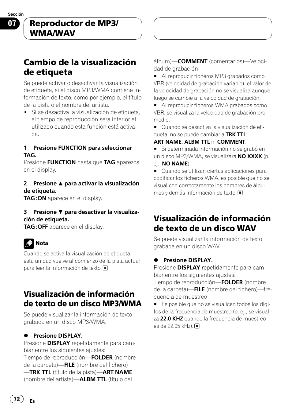 Cambio de la visualización de etiqueta 72, Visualización de información de texto de un, Disco mp3/wma 72 | Disco wav 72, Cambio de la visualización de etiqueta, Reproductor de mp3/ wma/wav | Pioneer DEH-P3600MP User Manual | Page 72 / 96
