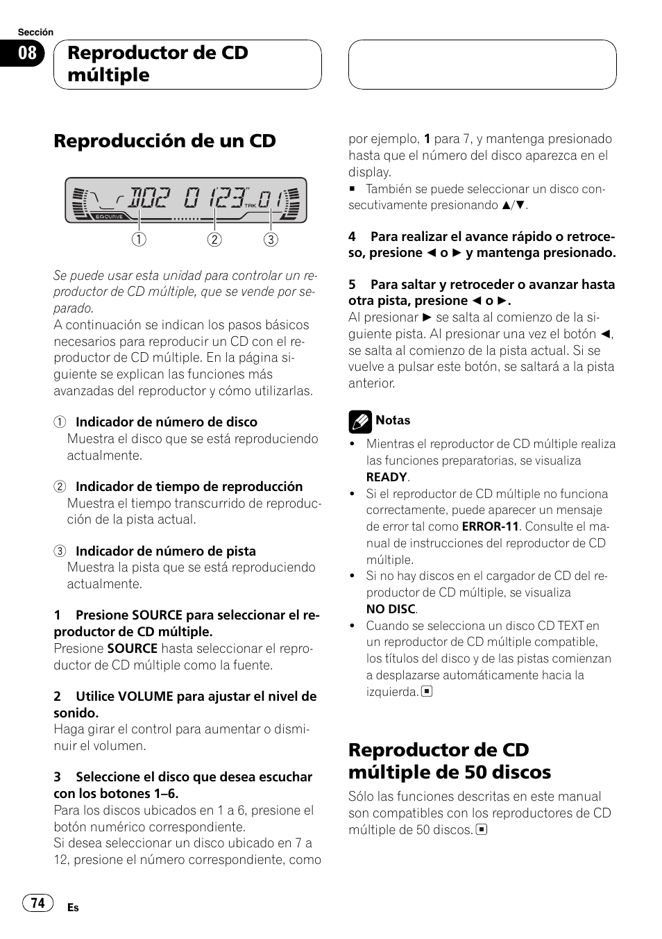 Reproductor de cd múltiple, Reproducción de un cd 74, Reproductor de cd múltiple de 50 | Discos 74, Reproducción de un cd, Reproductor de cd múltiple de 50 discos | Pioneer DEH-P3600MP User Manual | Page 74 / 96