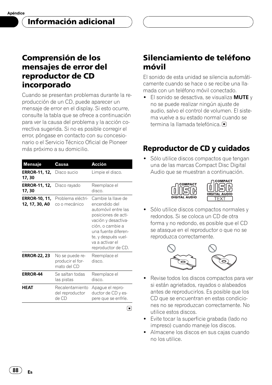 Información adicional, Comprensión de los mensajes de error del, Reproductor de cd incorporado 88 | Silenciamiento de teléfono móvil 88, Reproductor de cd y cuidados 88, Silenciamiento de teléfono móvil, Reproductor de cd y cuidados | Pioneer DEH-P3600MP User Manual | Page 88 / 96