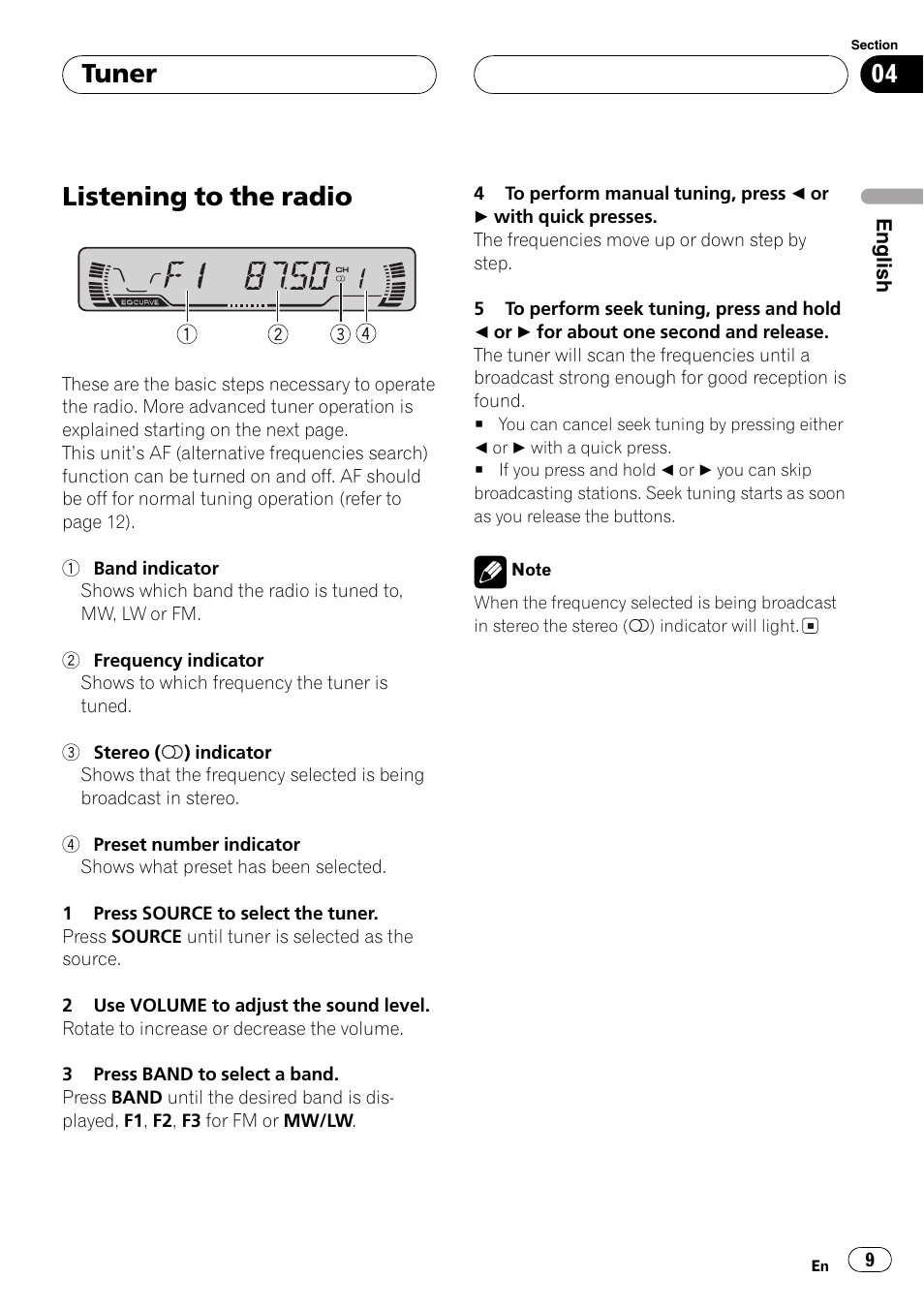 Tuner listening to the radio 9, Listeningto the radio, Tuner | Pioneer DEH-P3600MP User Manual | Page 9 / 96