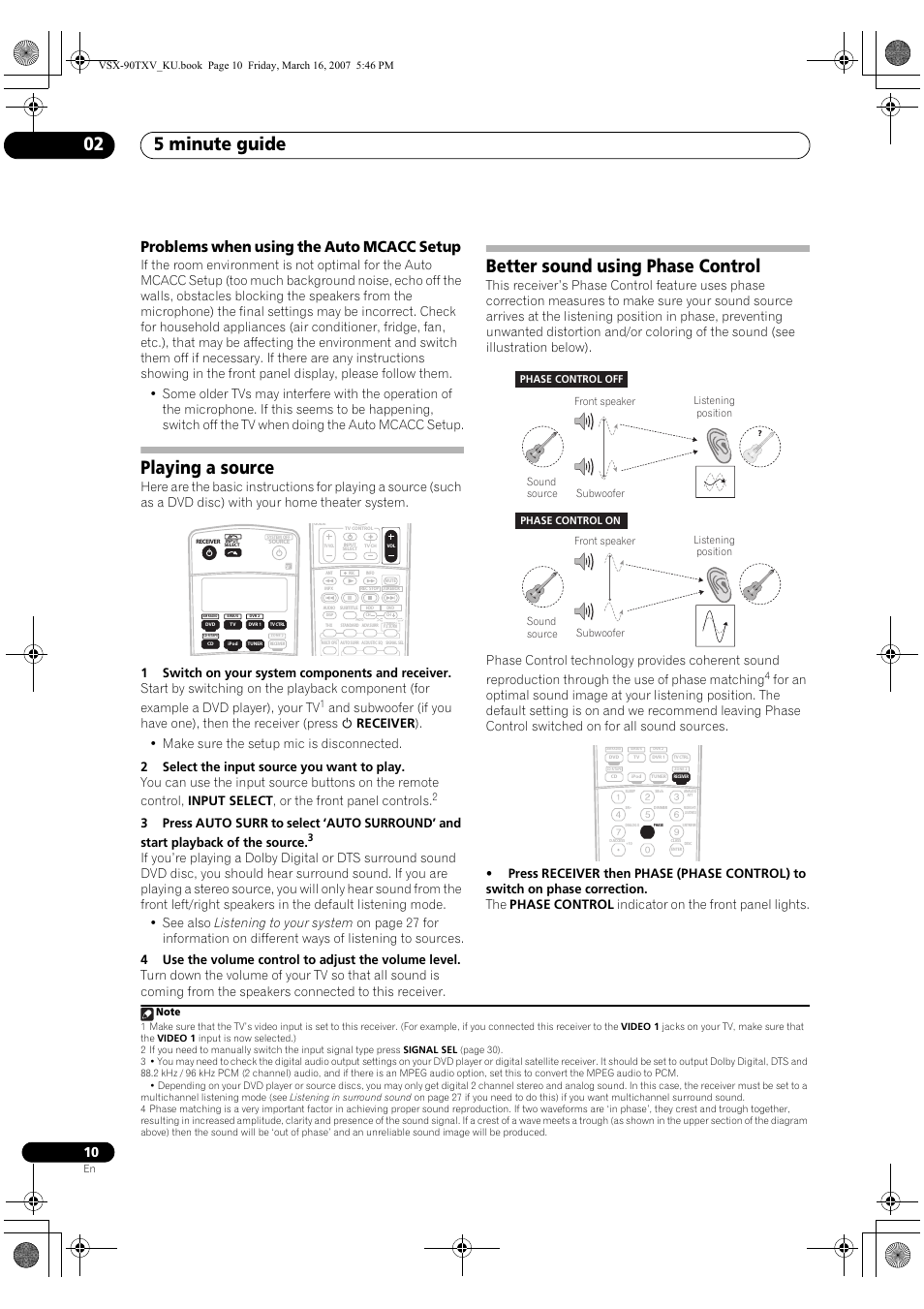 Problems when using the auto mcacc setup, Playing a source better sound using phase control, 5 minute guide 02 | Playing a source, Better sound using phase control | Pioneer Elite VSX-90TXV User Manual | Page 10 / 78