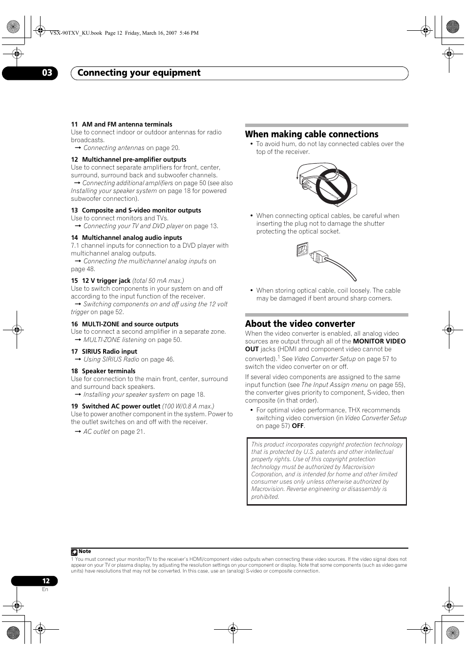 Connecting your equipment 03, When making cable connections, About the video converter | Pioneer Elite VSX-90TXV User Manual | Page 12 / 78