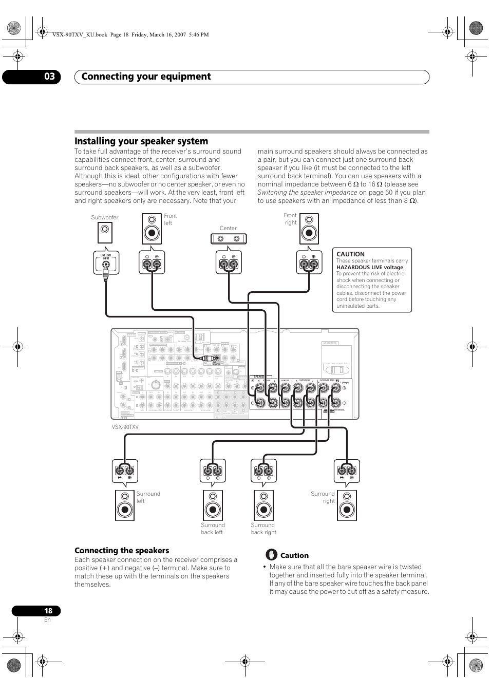 Installing your speaker system, Connecting the speakers, Connecting your equipment 03 | Caution, Subwoofer | Pioneer Elite VSX-90TXV User Manual | Page 18 / 78