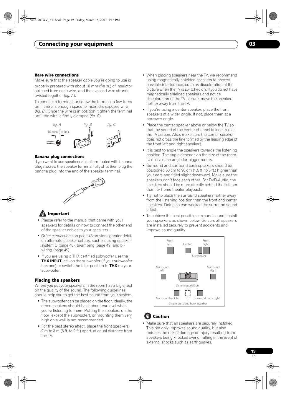 Placing the speakers, Connecting your equipment 03 | Pioneer Elite VSX-90TXV User Manual | Page 19 / 78