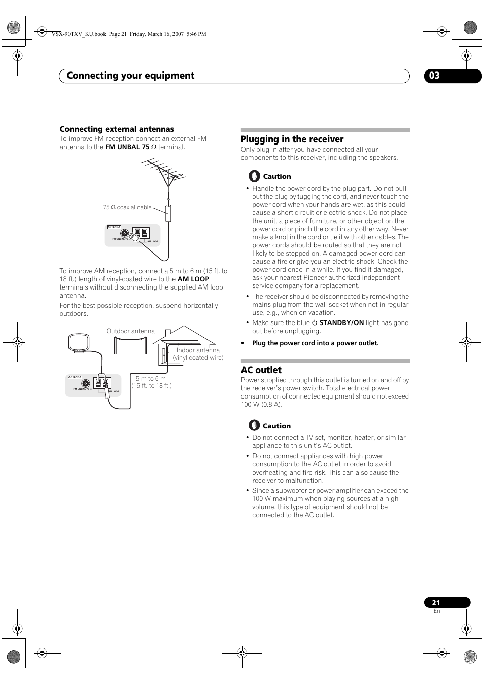 Connecting external antennas, Plugging in the receiver ac outlet, Connecting your equipment 03 | Plugging in the receiver, Ac outlet | Pioneer Elite VSX-90TXV User Manual | Page 21 / 78