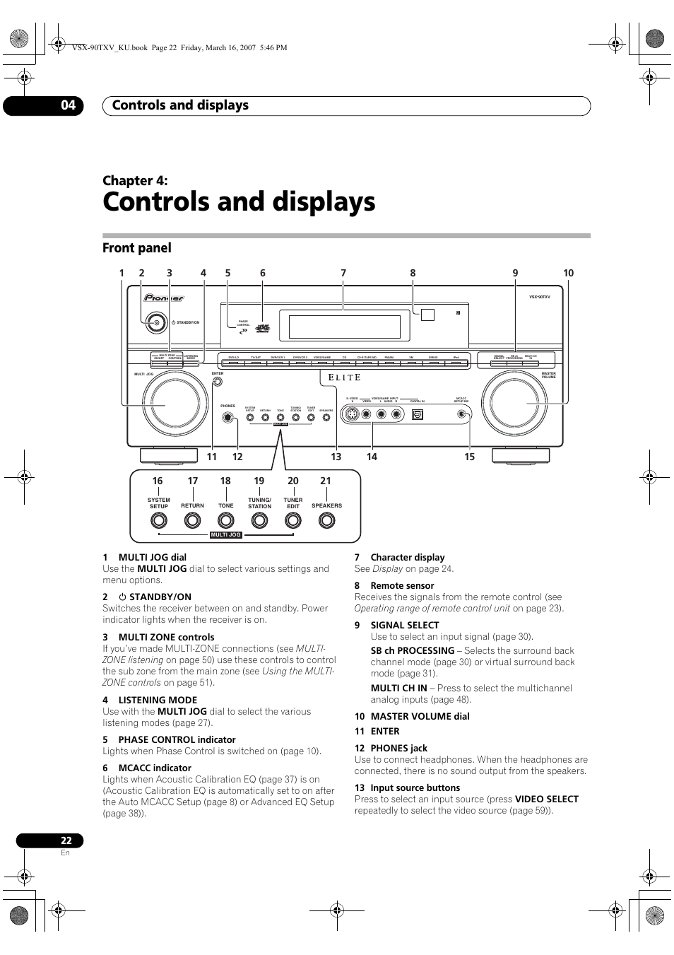 04 controls and displays, Front panel, Controls and displays | Controls and displays 04, Chapter 4 | Pioneer Elite VSX-90TXV User Manual | Page 22 / 78