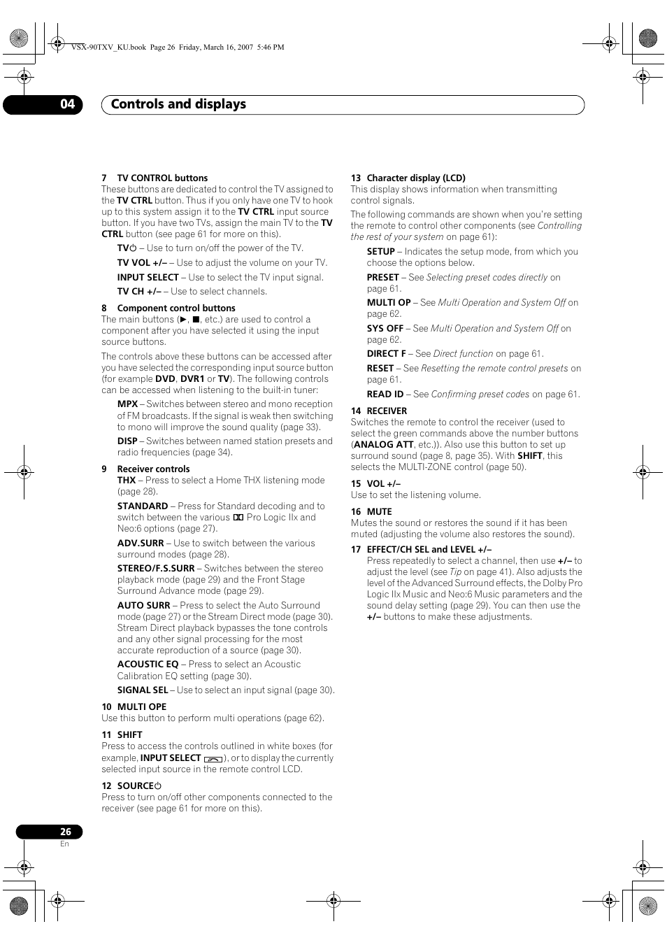 Controls and displays 04 | Pioneer Elite VSX-90TXV User Manual | Page 26 / 78